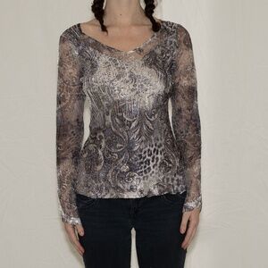 Y2k metallic printed blouse scrunchy mesh sleeves size large komarov polyester